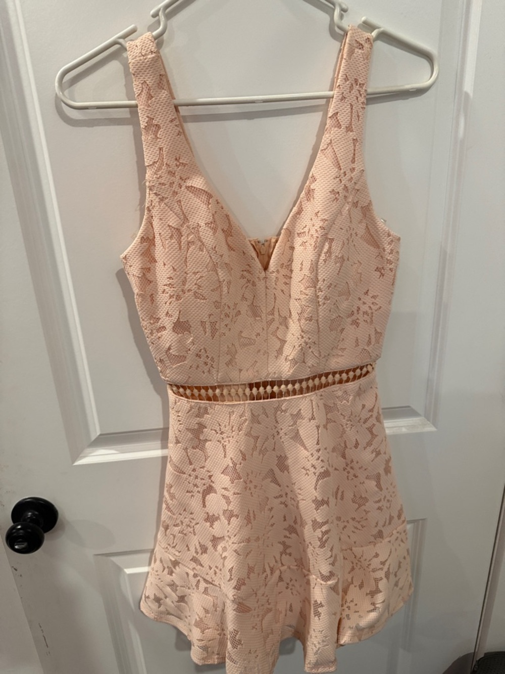 Sleeveless Peach Lace Mini Dress with Waist Cutout